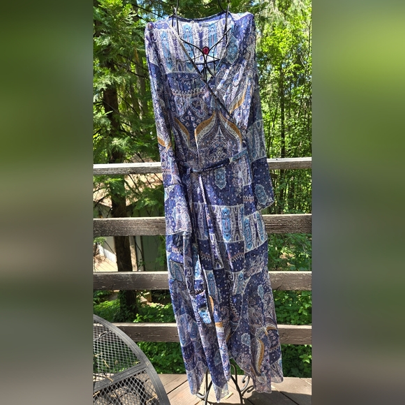 Blue paisley flutter sleeve sheer cover up wrap dress szXL - Picture 2 of 7